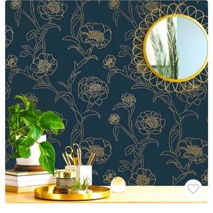 Tempaper Peonies Peel and Stick Wallpaper Peacock Blue & Metallic Gold